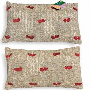 Set Of 2 Indoor/Outdoor Waterproof Embroidered Cherries Lumbar Pillows 20” X 12”